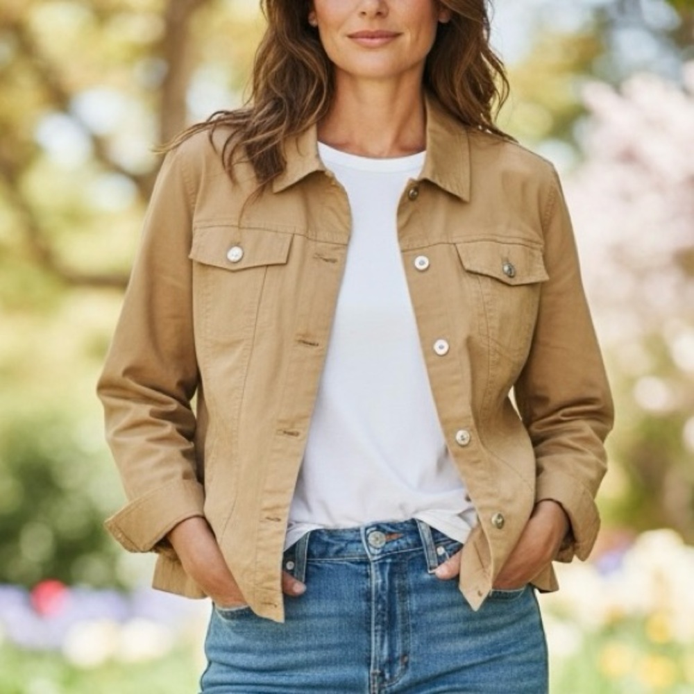 DENIM & CO Women's size M Classic Tan Khaki Linen blend button up Jacket